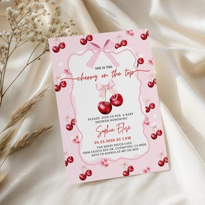 cherry on top invite,rsvp baby shower,cherry bow baby,cherry baby invite,she's our cherry on,mon cheri invite,cuteipie baby shower,hand drawn cherry,cherry on top shower,berry baby shower,cherry coquette,she's the cherry,cherry theme