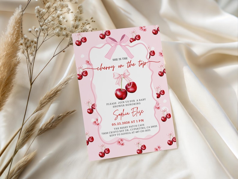 cherry on top invite,rsvp baby shower,cherry bow baby,cherry baby invite,she's our cherry on,mon cheri invite,cuteipie baby shower,hand drawn cherry,cherry on top shower,berry baby shower,cherry coquette,she's the cherry,cherry theme
