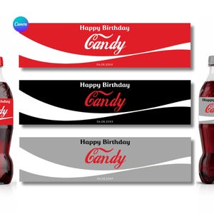 Plantilla para crear etiquetas personalizadas para botellas de Coca-Cola: Diseño editable en Canva (Descarga digital)