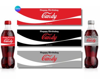 Plantilla para crear etiquetas personalizadas para botellas de Coca-Cola: Diseño editable en Canva (Descarga digital)
