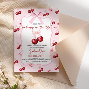 cherry on top invite,rsvp baby shower,cherry bow baby,cherry baby invite,she's our cherry on,mon cheri invite,cuteipie baby shower,hand drawn cherry,cherry on top shower,berry baby shower,cherry coquette,she's the cherry,cherry theme