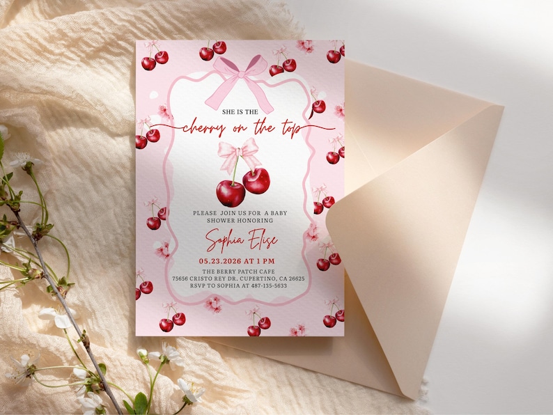 cherry on top invite,rsvp baby shower,cherry bow baby,cherry baby invite,she's our cherry on,mon cheri invite,cuteipie baby shower,hand drawn cherry,cherry on top shower,berry baby shower,cherry coquette,she's the cherry,cherry theme
