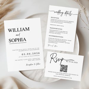 May include: Three white wedding invitation cards with black text. The main card features the names "William and Sophia" and event details. Other cards provide wedding details and an RSVP card with a QR code.