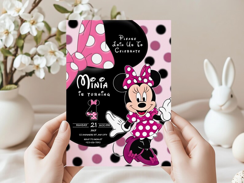 Pink Polka Dot Minnie Mouse Birthday Invitation, Cute Mouse Bday, Boho ...