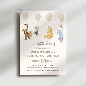 classic pooh bear, vintage winnie, winnie the pooh baby, pooh birthday, turning one year, winnie bday invite, winnie bday party, classic winnie, kids bday invite, first bday invite, pooh evite, winnie pooh invite, pooh invitation