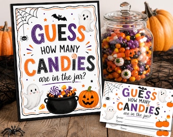 May include: A Halloween-themed sign and matching game cards featuring the text "GUESS HOW MANY CANDIES are in the jar?" with illustrations of ghosts, a black cauldron, a pumpkin, a spider, and a web on a white background with orange and purple accents.