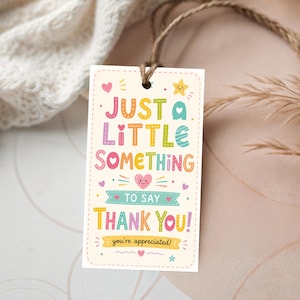 Op de afbeelding: Een crèmekleurig rechthoekig cadeaulabel met afgeronde hoeken en een bruin touwtje. Het label bevat kleurrijke tekst "JUST A LITTLE SOMETHING TO SAY THANK YOU! you're appreciated!" versierd met kleine hartjes, sterretjes en streepjes.