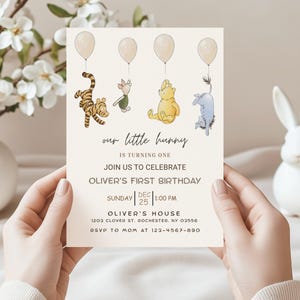 classic pooh bear, vintage winnie, winnie the pooh baby, pooh birthday, turning one year, winnie bday invite, winnie bday party, classic winnie, kids bday invite, first bday invite, pooh evite, winnie pooh invite, pooh invitation