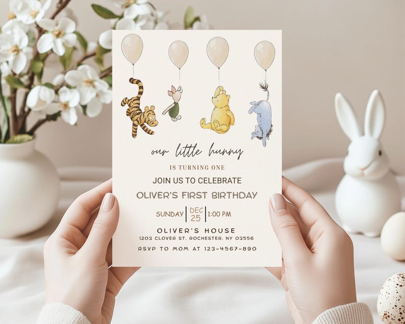classic pooh bear, vintage winnie, winnie the pooh baby, pooh birthday, turning one year, winnie bday invite, winnie bday party, classic winnie, kids bday invite, first bday invite, pooh evite, winnie pooh invite, pooh invitation
