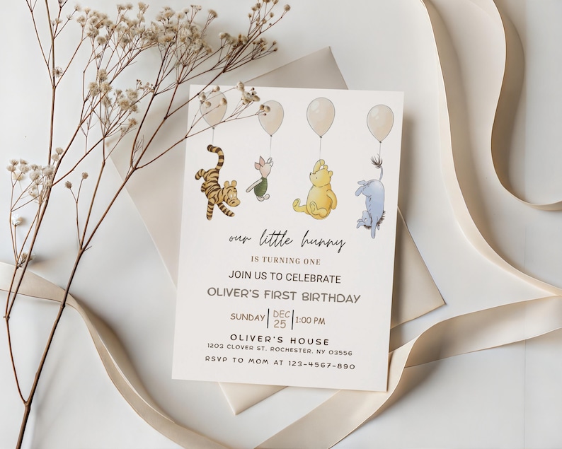 classic pooh bear, vintage winnie, winnie the pooh baby, pooh birthday, turning one year, winnie bday invite, winnie bday party, classic winnie, kids bday invite, first bday invite, pooh evite, winnie pooh invite, pooh invitation
