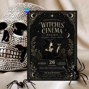 May include: A rectangular invitation card with black background and gold text reading Witches' Cinema Night, featuring a witch illustration, Sunday 26 October, and The Blackthorne address. A rhinestone skull and two black plastic spiders are present.