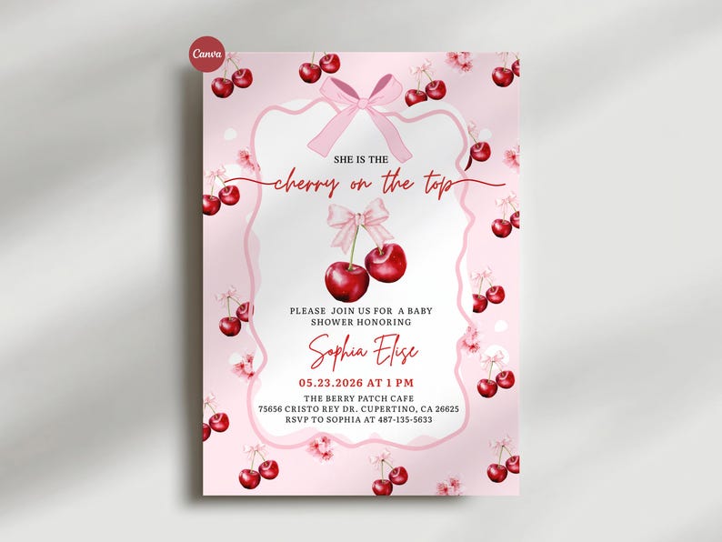 cherry on top invite,rsvp baby shower,cherry bow baby,cherry baby invite,she's our cherry on,mon cheri invite,cuteipie baby shower,hand drawn cherry,cherry on top shower,berry baby shower,cherry coquette,she's the cherry,cherry theme