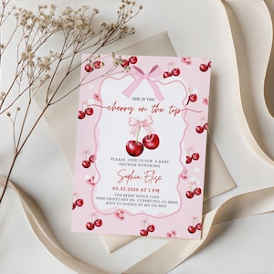 cherry on top invite,rsvp baby shower,cherry bow baby,cherry baby invite,she's our cherry on,mon cheri invite,cuteipie baby shower,hand drawn cherry,cherry on top shower,berry baby shower,cherry coquette,she's the cherry,cherry theme