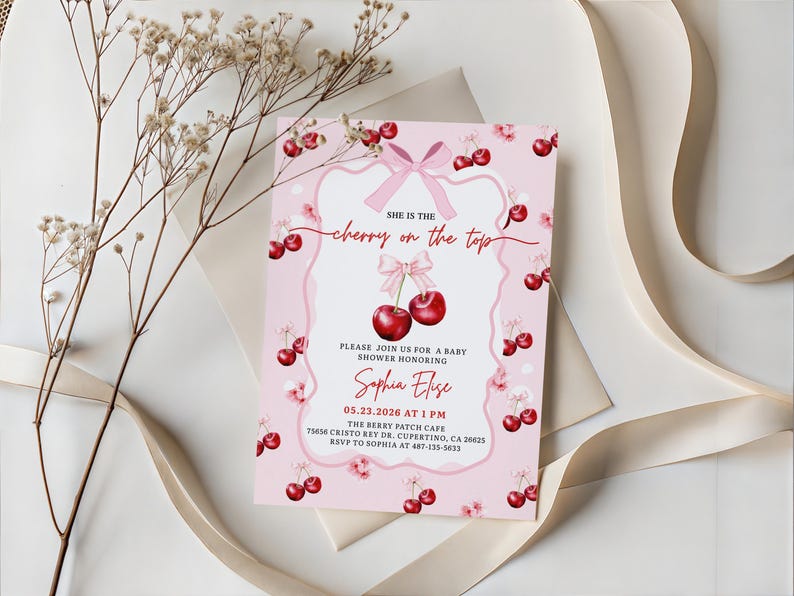 cherry on top invite,rsvp baby shower,cherry bow baby,cherry baby invite,she's our cherry on,mon cheri invite,cuteipie baby shower,hand drawn cherry,cherry on top shower,berry baby shower,cherry coquette,she's the cherry,cherry theme