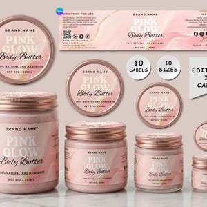 Puede incluir: Una colección de etiquetas y tarros de manteca corporal Pink Glow con un patrón de mármol rosa suave. El conjunto incluye varias etiquetas circulares y rectangulares con detalles en oro rosa, ingredientes, instrucciones y 250ml netos.