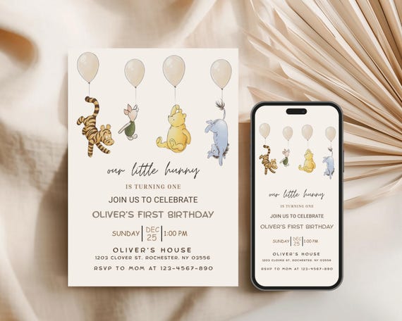 Pooh Neutral 1st Birthday Invite. Classic Winnie the Pooh Evite Birthday Party. One Baby First Birthday Girl OR Boy. Digital Invitation