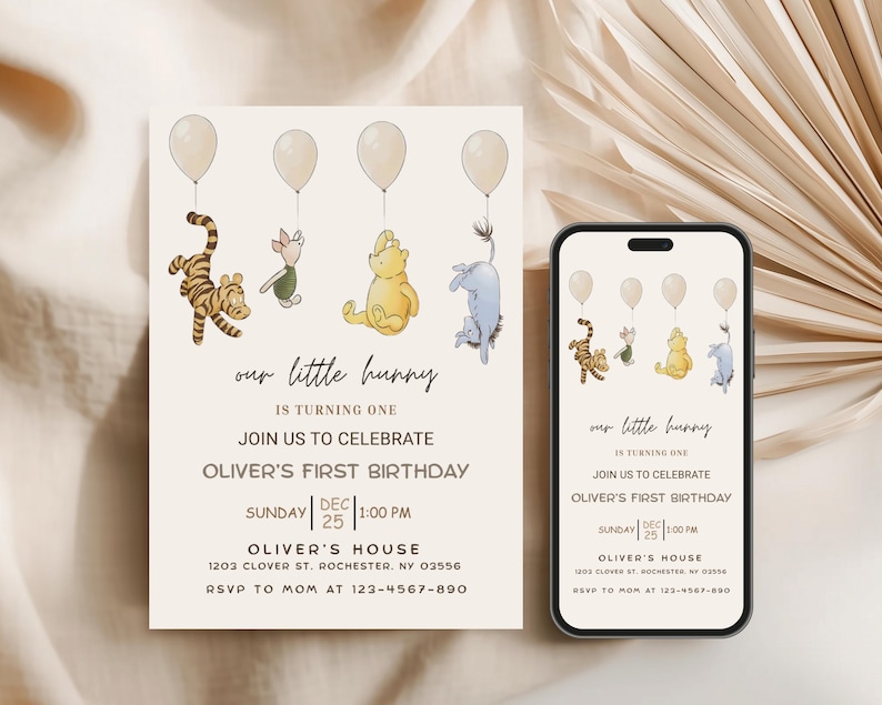classic pooh bear, vintage winnie, winnie the pooh baby, pooh birthday, turning one year, winnie bday invite, winnie bday party, classic winnie, kids bday invite, first bday invite, pooh evite, winnie pooh invite, pooh invitation
