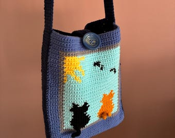 Intarsia Crochet Bag Pattern PDF: Curious Cats Tapestry Shoulder Bag