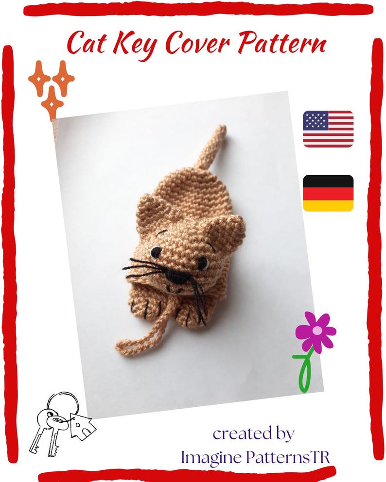 K&ouml;nnte beinhalten: H&auml;kelanleitung f&uuml;r einen braunen Katzen-Schl&uuml;sselanh&auml;nger. Das Muster ist in Englisch und Deutsch verf&uuml;gbar. Das Bild zeigt einen fertigen Schl&uuml;sselanh&auml;nger mit einer kleinen Blume und Schl&uuml;ssel im Hintergrund.