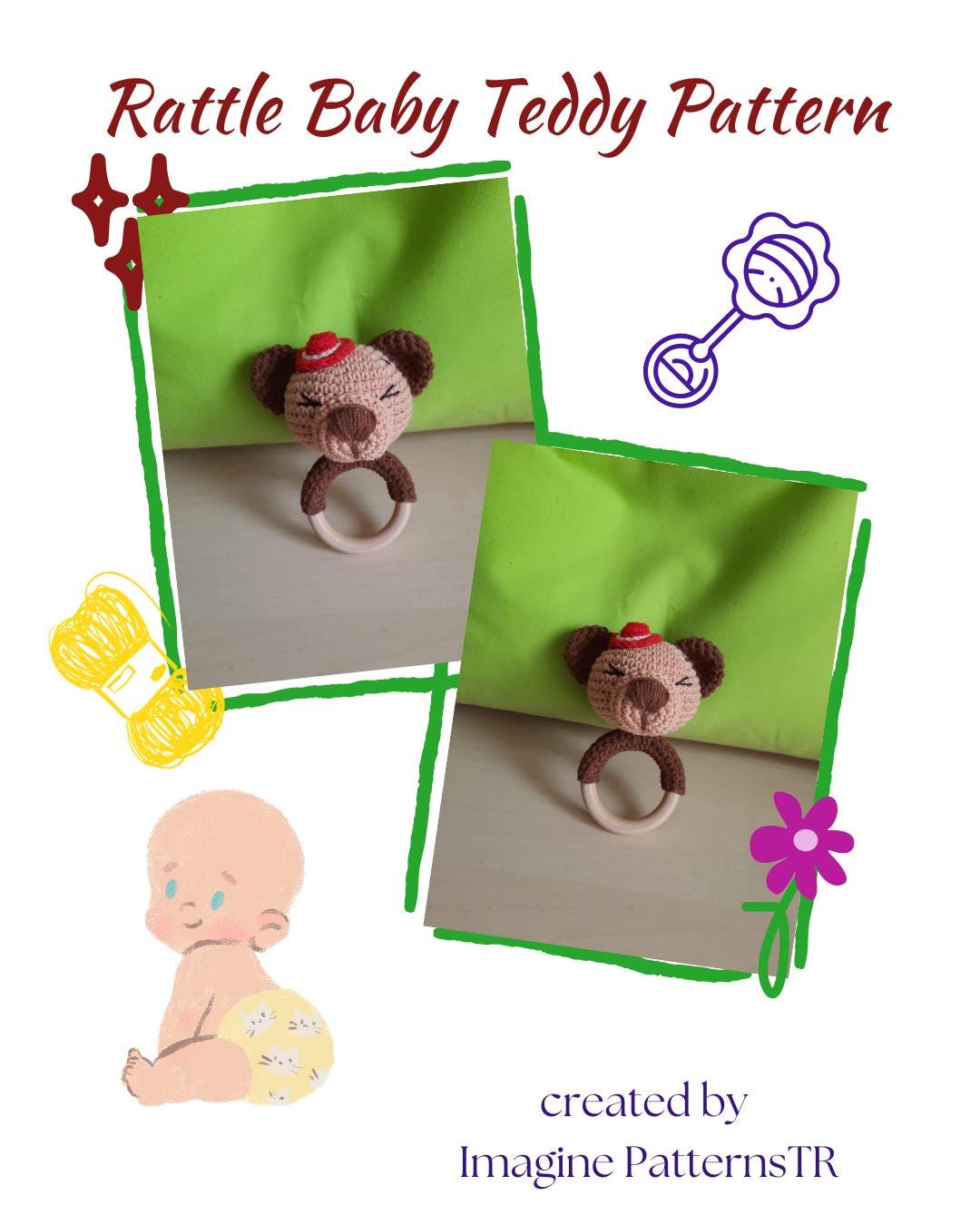 Crochet Teddy Bear Rattle Pattern: Amigurumi Baby Toy (PDF Digital ...