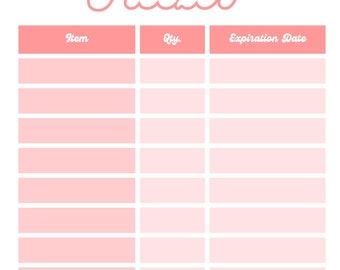 May include: A pink and white printable freezer inventory list with the title "Freezer" in a retro font. The list has columns for "Item", "Qty", and "Expiration Date".
