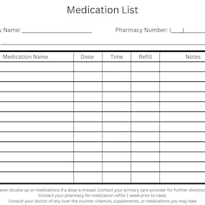 Daily printable medication log, medication list printable, health information, medication reminder, medication tracker, medication schedule