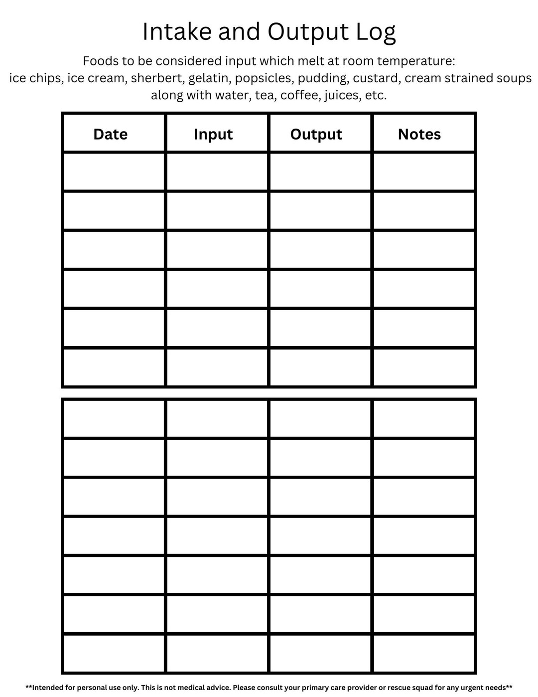 Printable Intake and Output Log - Etsy