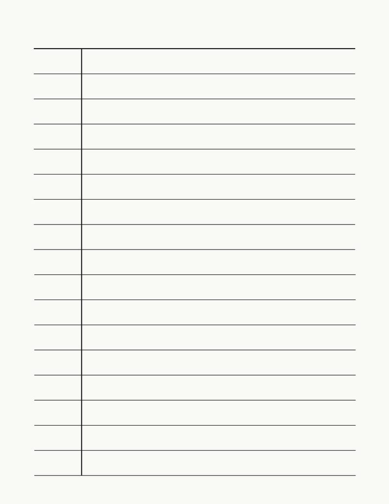 May include: A blank, lined notebook page with a vertical margin on the left. Horizontal lines provide a structured space for writing. The background is a soft, off-white colour, offering a clean canvas for notes or sketches.