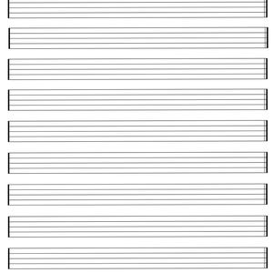 Op de afbeelding: Een vel wit muziekpapier met tien horizontale systemen, elk bestaande uit vijf dunne zwarte evenwijdige lijnen. De lay-out is schoon en uniform, ontworpen voor muzieknotatie, met een enkele horizontale lijn aan de bovenzijde.