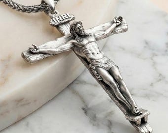 Crucifix Necklace, Sterling Silver Cross Pendant, Religious Catholic Jewelry, Gift for Him, Baptism Gift, Christian Jewelry