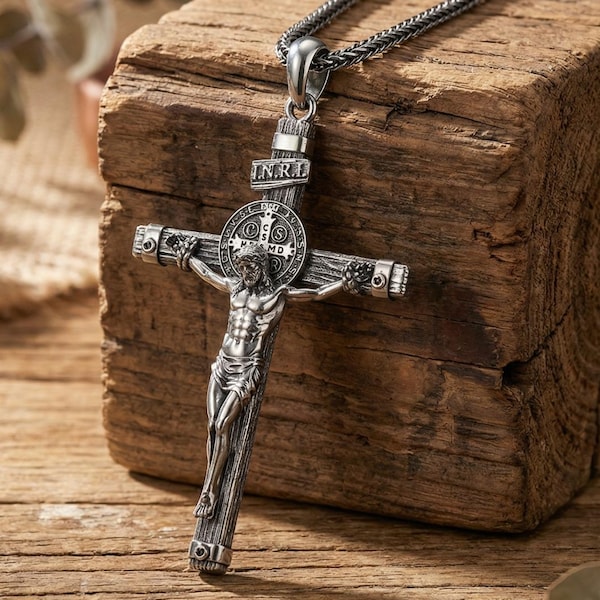 St. Benedict Crucifix Necklace, Catholic Cross Necklace, Religious Crucifix Pendant, Baptism Gift, Christian Jewelry