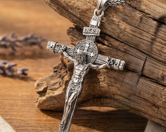 St. Benedict Crucifix Necklace, Catholic Cross Necklace, Religious Crucifix Pendant, Baptism Gift, Christian Jewelry