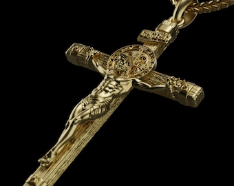 St. Benedict Crucifix Gold Necklace, 10K 14K 18K Solid Gold Jesus Cross, Christian Jewelry, Religious Gift for Him, Catholic Necklace