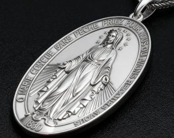 Sterling Silver Miraculous Medal Pendant, Virgin Mary Necklace, Catholic Gift Our Lady of Grace Immaculate Conception Religious Jewelry