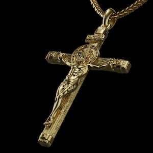 14K Gold Saint Benedict Crucifix Necklace: Religious Protection Pendant