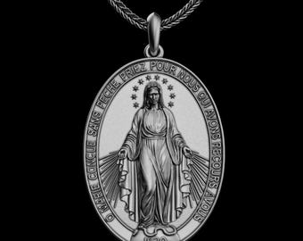 Miraculous Medal Virgin Mary Pendant, Mother Mary Necklace, Religious Catholic Jewelry, French Inscription Medal, Gift for Her or Him