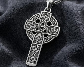 Celtic Crucifix Necklace, Sterling Silver Cross Pendant, Catholic Christian Jewelry, Gift for Him