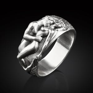 Romantic Silver Ring, Artistic Lovers Relief Band, Special Design For Couples, Men and Women Wedding Rings, Handmade Silver Gift
