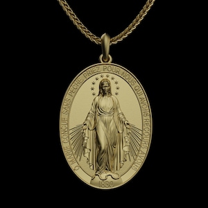 Solid Gold Miraculous Medal Pendant, Virgin Mary Necklace, 14K 18K ...