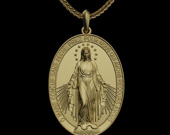 Solid Gold Miraculous Medal Pendant, Virgin Mary Necklace, 14K 18K Catholic Religious Jewelry, Gift for Her, Marian Devotion Pendant