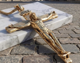 Solid Gold Crucifix Pendant, Detailed Jesus Cross Necklace, INRI Catholic Christian Gold Charm, Handmade Religious Jewelry
