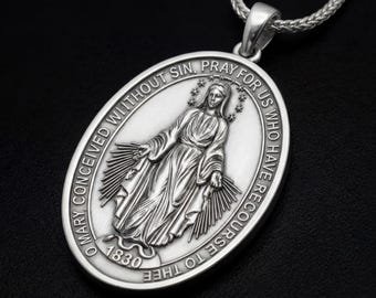 Miraculous Medal Silver Pendant, Virgin Mary English Version, Religious Catholic Necklace