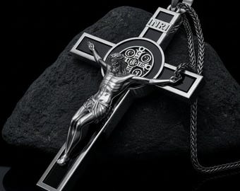 Crucifix Pendant, St. Benedict Cross Necklace, Christian Religious Jewelry, INRI Cross, Men’s Faith Gift