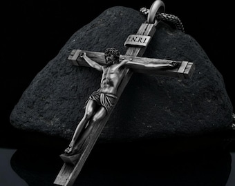 Crucifix Necklace, 925 Sterling Silver Cross Pendant, Handmade Religious Jewelry, INRI Catholic Christian Charm, Gift for Him