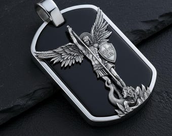 Sterling Silver Archangel Michael Pendant, Onyx Men Pendant, Turquoise, Mother of Pearl, Religious Gift