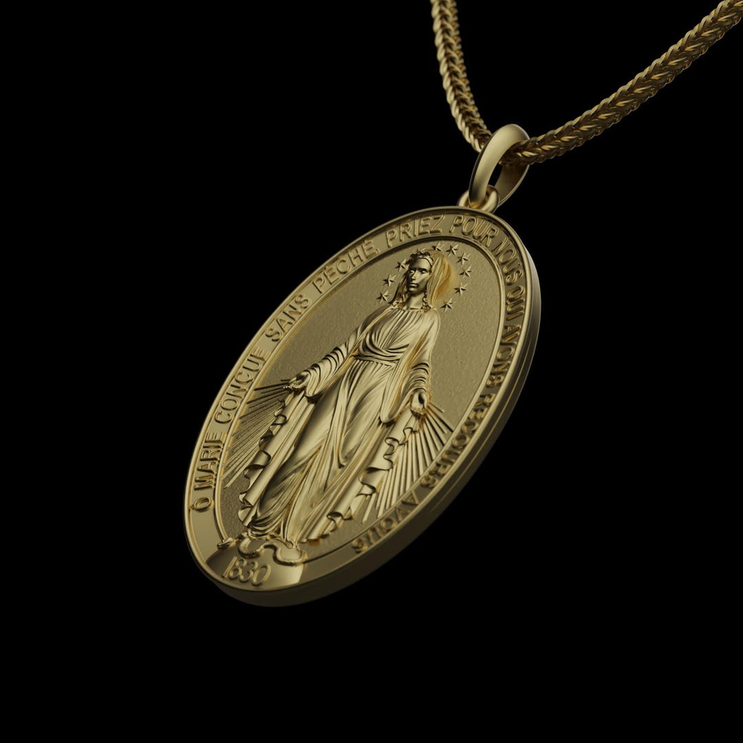 Solid Gold Miraculous Medal Pendant, Virgin Mary Necklace, 14K 18K ...