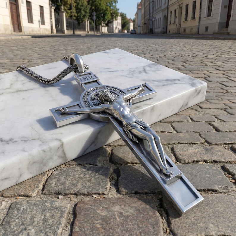 May include: A silver crucifix pendant featuring a detailed depiction of Jesus Christ. The pendant hangs from a silver chain. The cross is displayed on a white marble surface. The background is a cobblestone street.