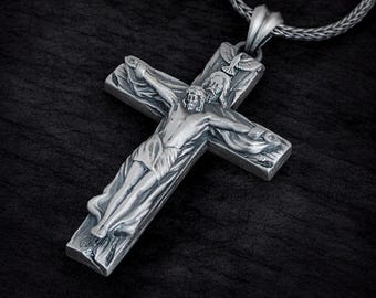 Sterling Silver Crucifix Necklace, INRI Cross Pendant, Catholic Religious Jewelry, Gift for Him, Baptism Gift, Christian Jewelry