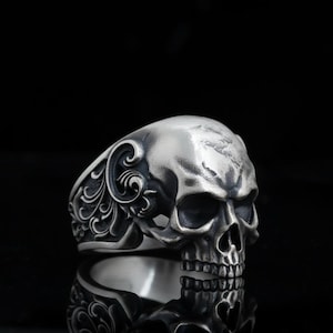 Sterling Silver Skull Ring, Handmade Gothic Biker Jewelry