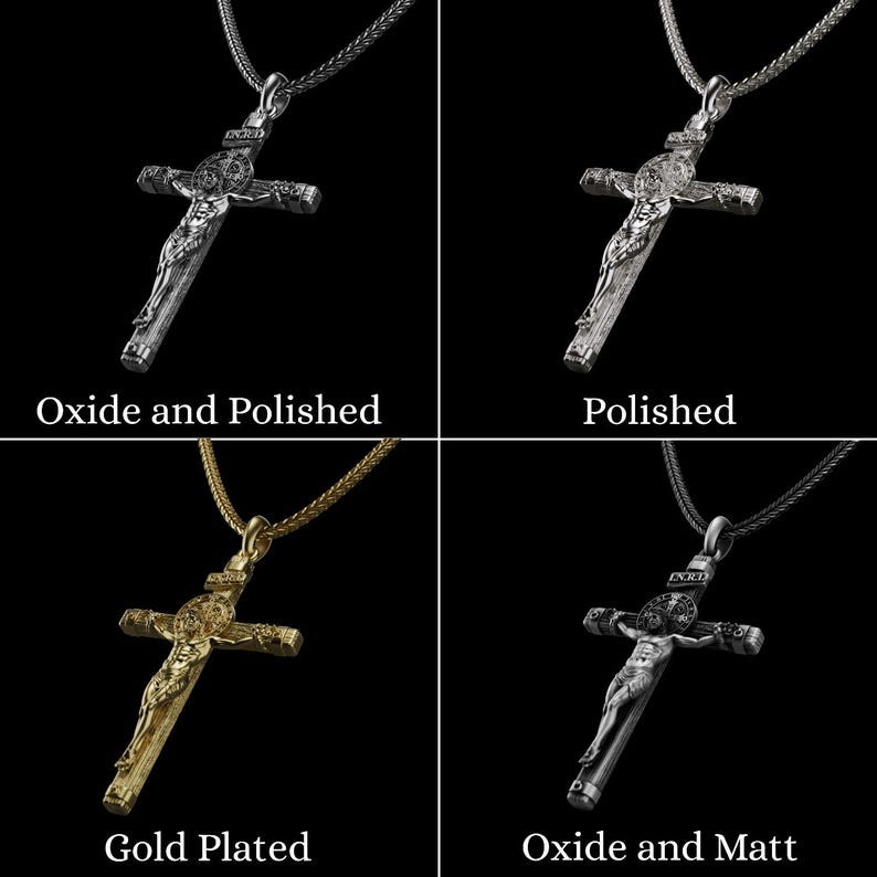 Puede incluir: Cuatro collares con colgantes de cruz, presentados en acabados plateados, dorados y mate. La imagen incluye el texto "Oxide and Polished", "Polished", "Gold Plated" y "Oxide and Matt".